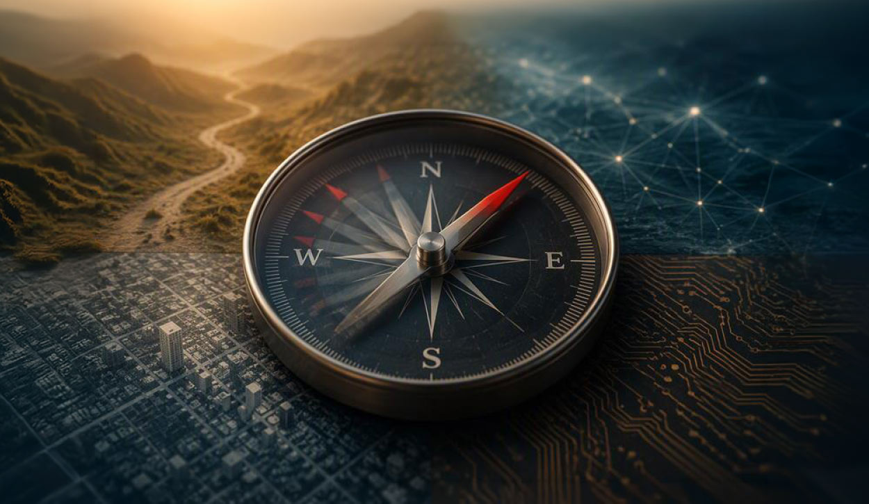 Compass resting on a map with a mountain landscape and sunrise, symbolizing navigation and exploration