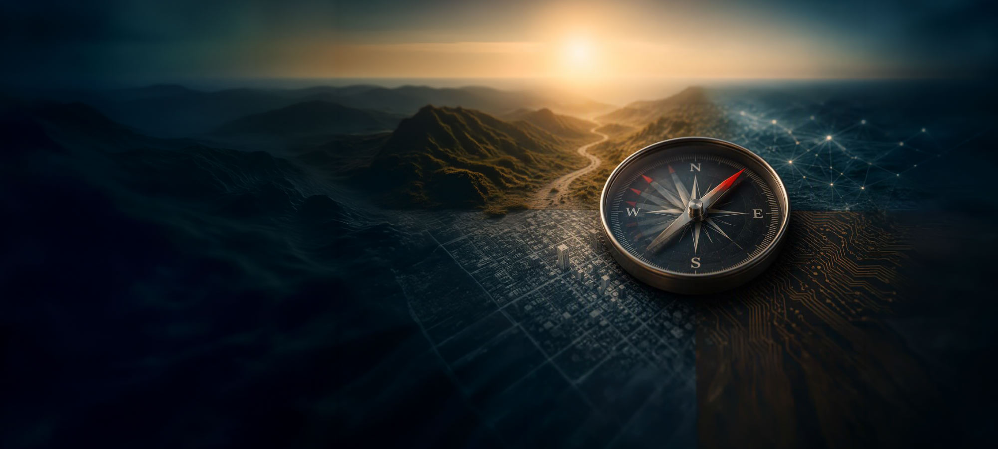 Compass resting on a map with a mountain landscape and sunrise, symbolizing navigation and exploration