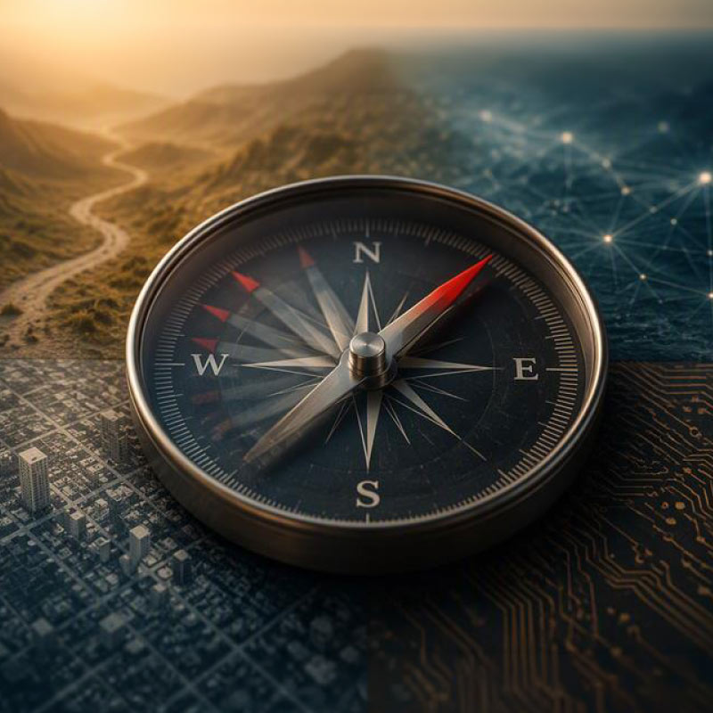Compass resting on a circuit-board surface with a winding road and distant mountains, symbolizing navigation in technology.