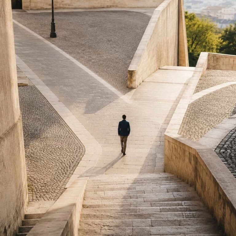 A person walks alone through intersecting stone paths and stairways, symbolizing the different directions a career can take