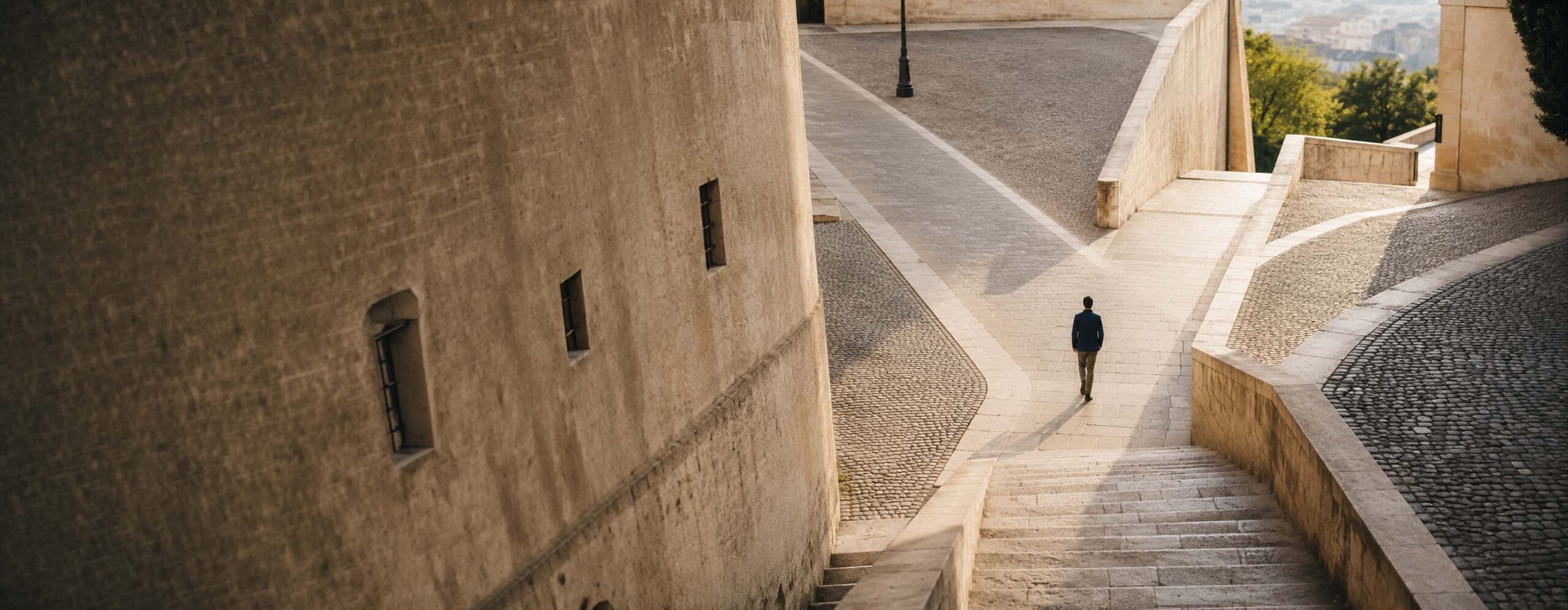 A person walks alone through intersecting stone paths and stairways, symbolizing the different directions a career can take