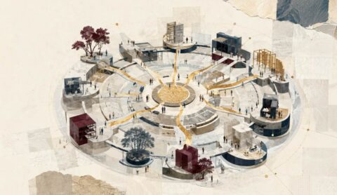 Aerial view of a circular urban plaza with pathways and small buildings around a central fountain, set on a beige background with leaf-patterned collage to the right.