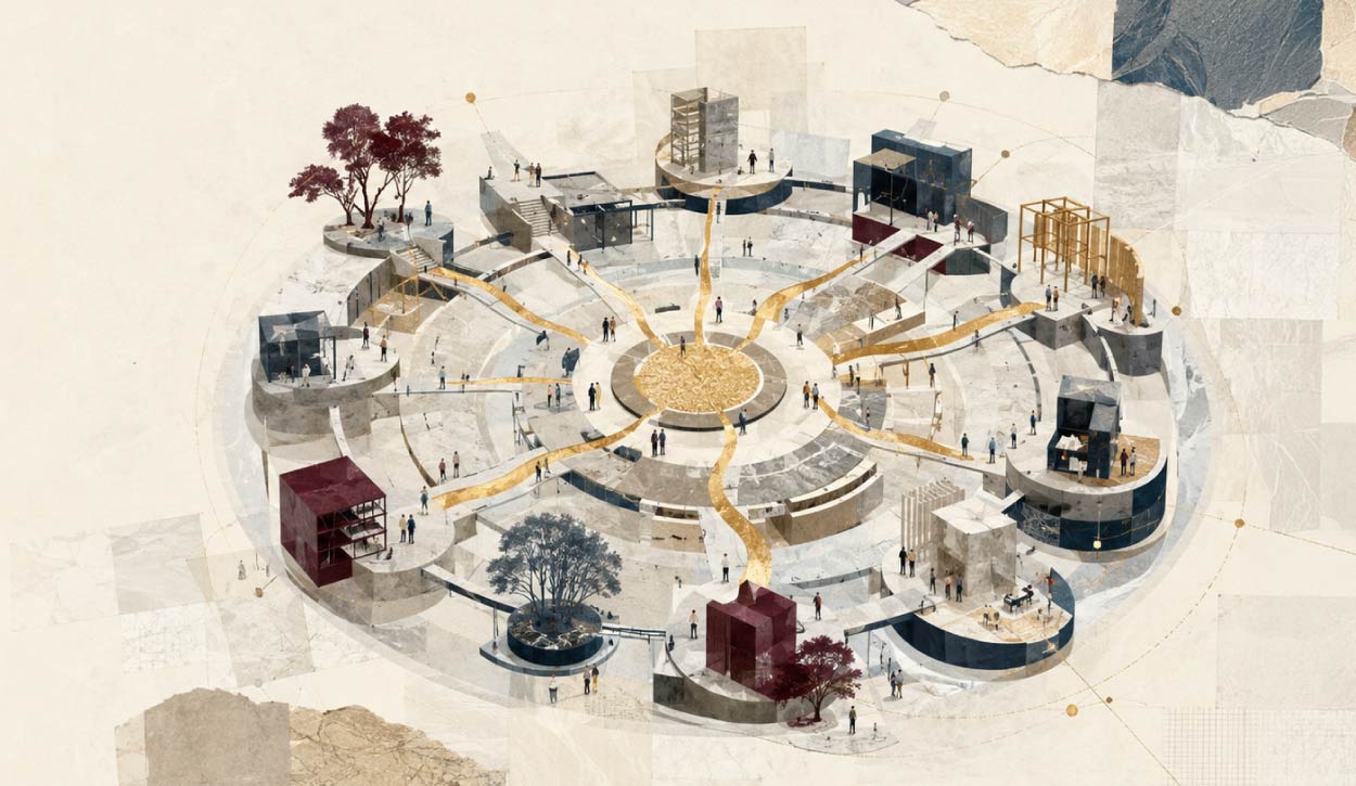 Aerial view of a circular urban plaza with pathways and small buildings around a central fountain, set on a beige background with leaf-patterned collage to the right.