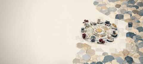 Aerial view of a circular urban plaza with pathways and small buildings around a central fountain, set on a beige background with leaf-patterned collage to the right. - IMD Business School