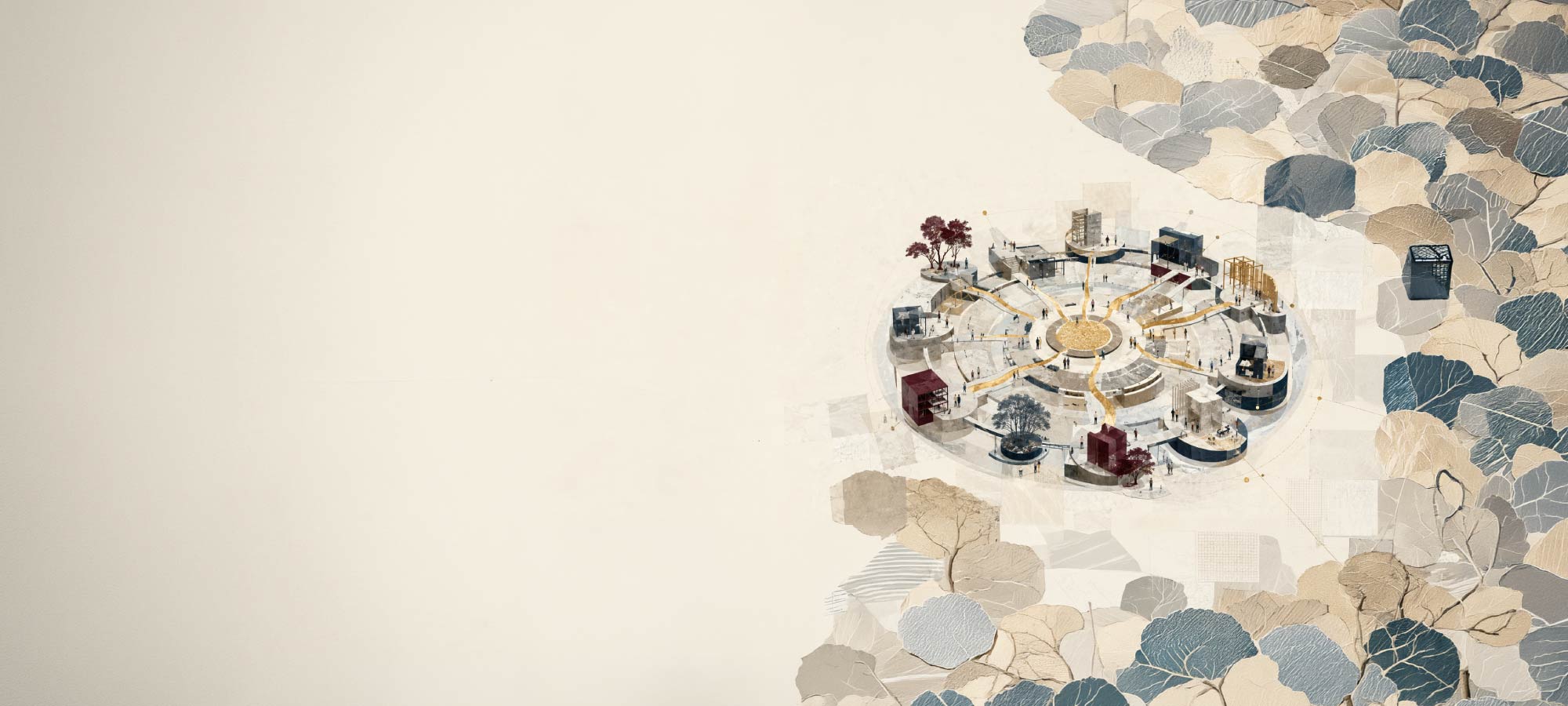 Aerial view of a circular urban plaza with pathways and small buildings around a central fountain, set on a beige background with leaf-patterned collage to the right.