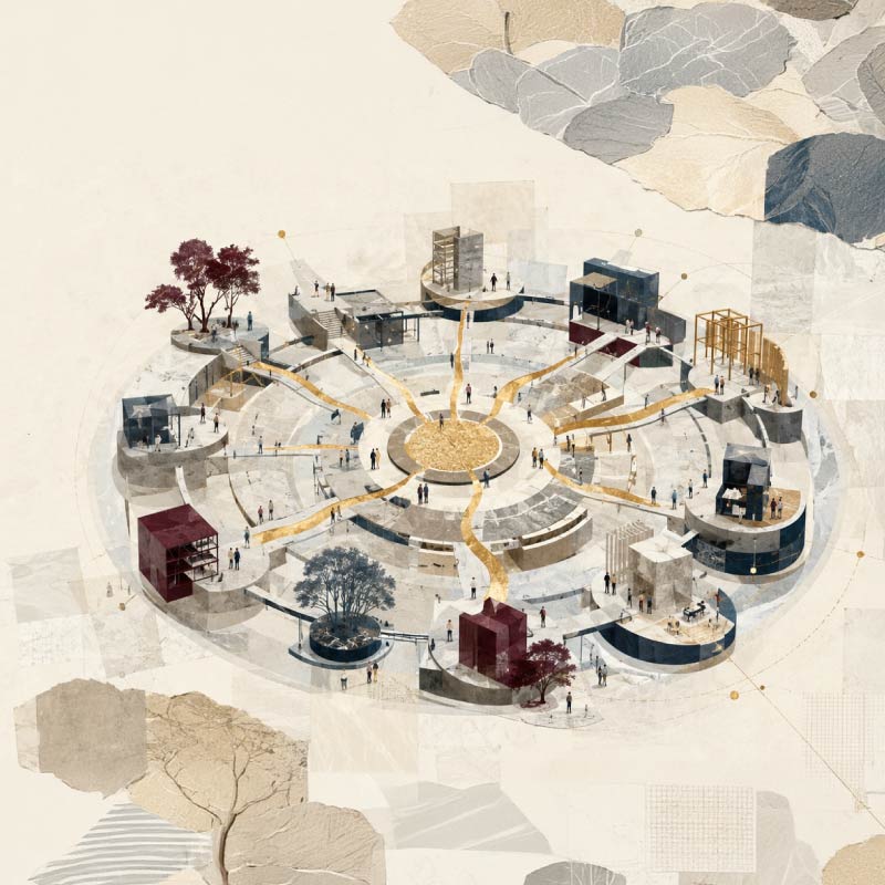 Circular, radial public plaza concept with central hub and multiple winding pathways connecting small buildings around the ring.