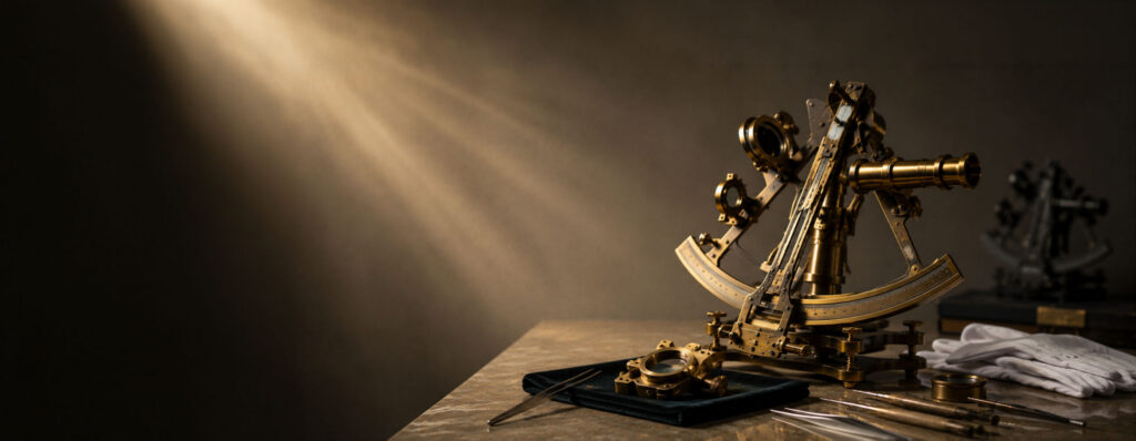 Still life of a conserved antique sextant, suggesting the enduring value of experience, knowledge, and careful stewardship. - IMD Business School - IMD Business School