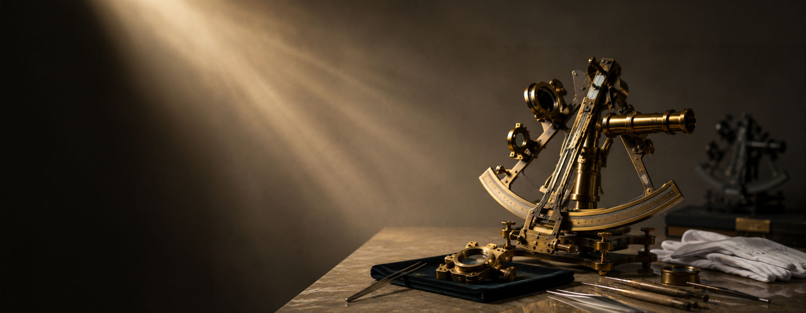 Still life of a conserved antique sextant, suggesting the enduring value of experience, knowledge, and careful stewardship.