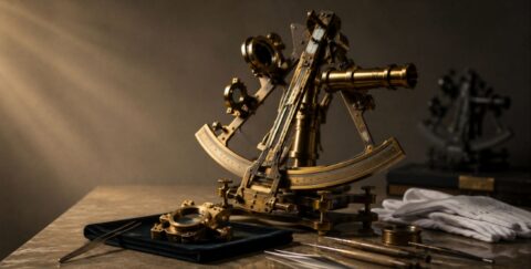 Still life of a conserved antique sextant, suggesting the enduring value of experience, knowledge, and careful stewardship.