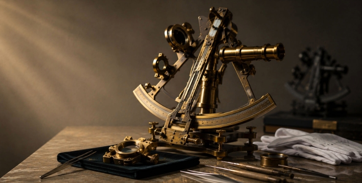 Still life of a conserved antique sextant, suggesting the enduring value of experience, knowledge, and careful stewardship.