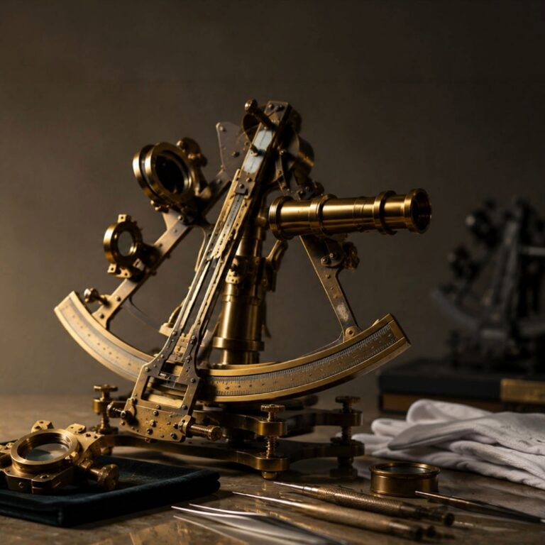 Still life of a conserved antique sextant, suggesting the enduring value of experience, knowledge, and careful stewardship.