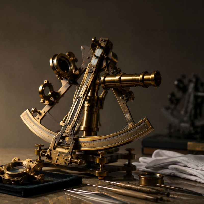 Still life of a conserved antique sextant, suggesting the enduring value of experience, knowledge, and careful stewardship.