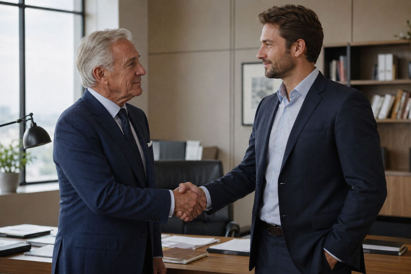 Two businessmen in suits shake hands across a desk in a modern office, signaling a formal agreement or partnership.