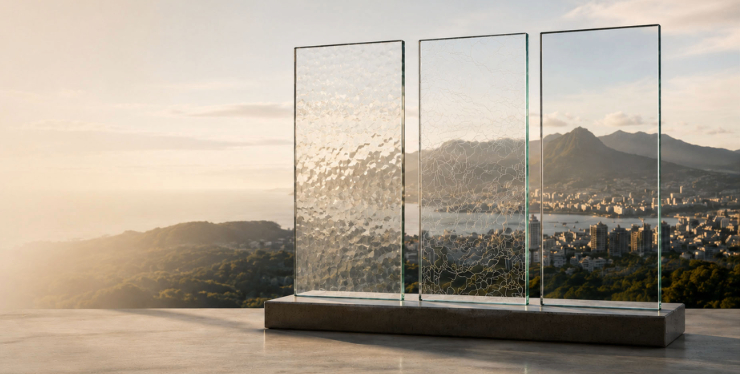 Three glass panels reveal a landscape with increasing clarity, representing how businesses identify signals, interpret information and turn insight into action for successful growth