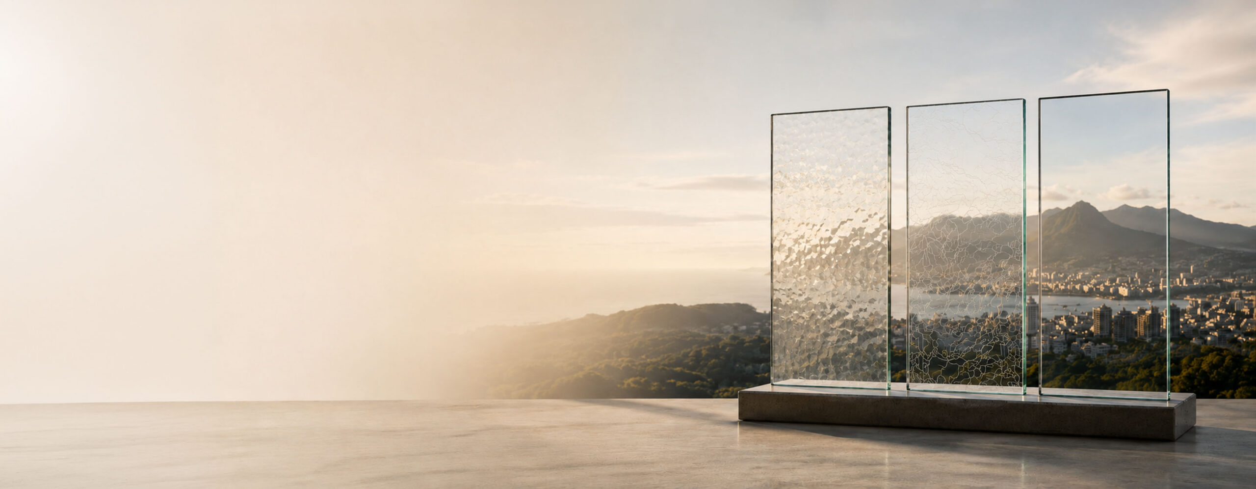 Three glass panels reveal a landscape with increasing clarity, representing how businesses identify signals, interpret information and turn insight into action for successful growth