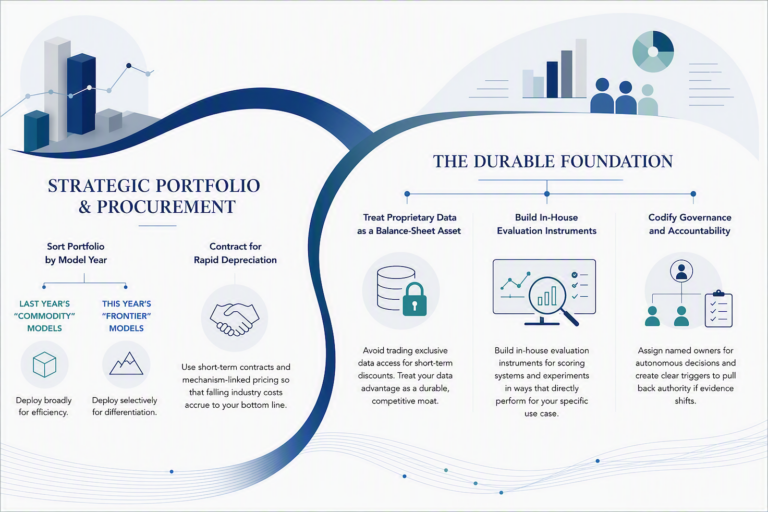 Infographic showing two sections: left side 'Strategic Portfolio & Procurement' with model-year charts and a handshake; right side 'The Durable Foundation' with data charts, people icons, and three pillars on governance and evaluation.