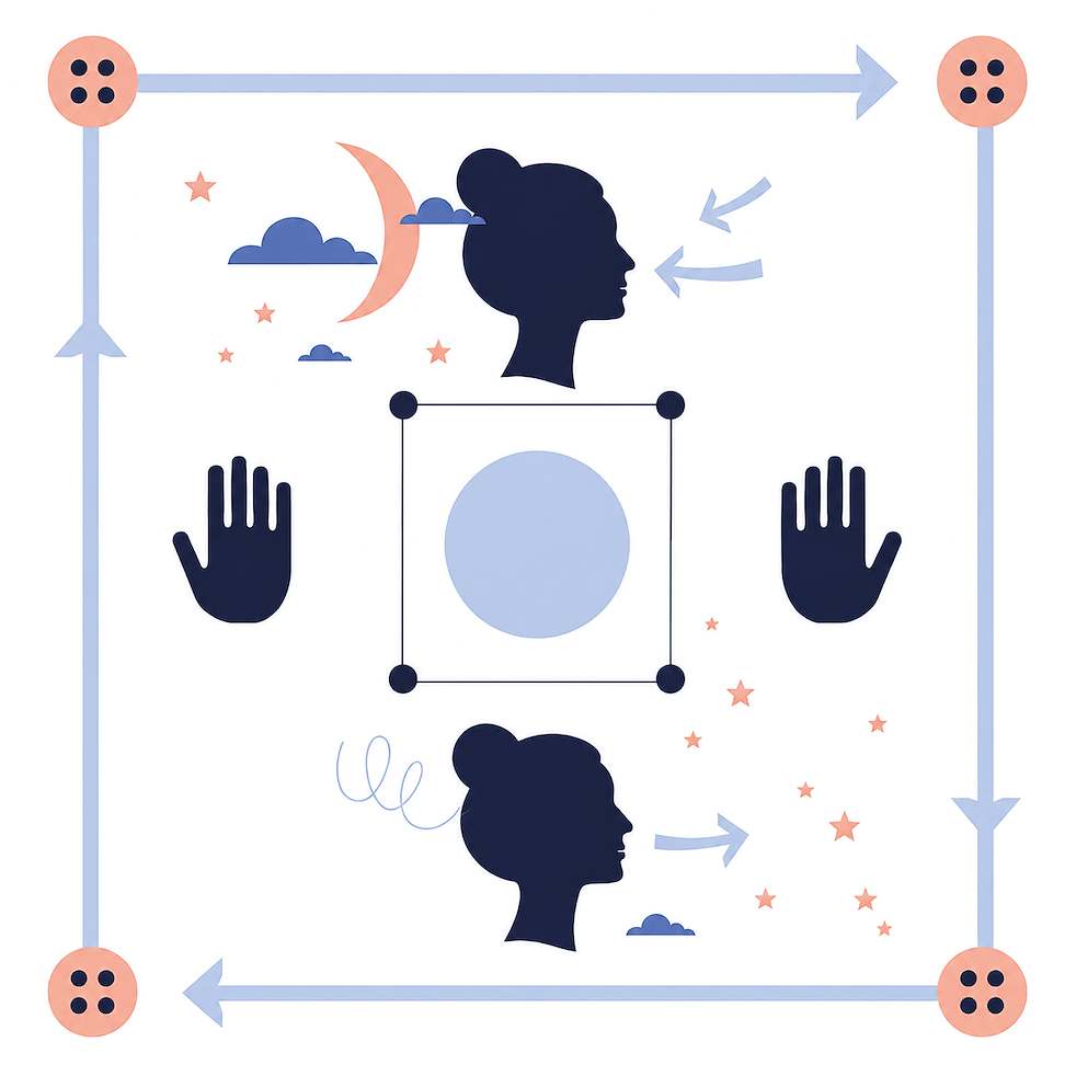 Abstract illustration of two profile silhouettes facing the center toward a square with a blue circle, flanked by upraised hands, moon, stars, and arrows suggesting thought and communication (informative). - IMD Business School
