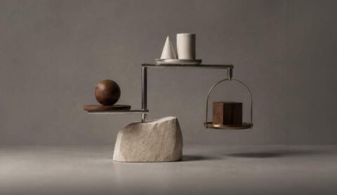 A sophisticated architectural mobile positioned in the right-hand third, composed of three distinct materials: a solid stone form, a cluster of smaller geometric objects, and a finely engineered metal framework