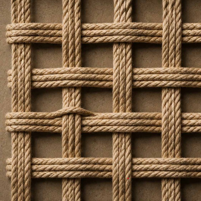 Close-up of thick braided ropes woven into a square lattice pattern in beige/tan tones.