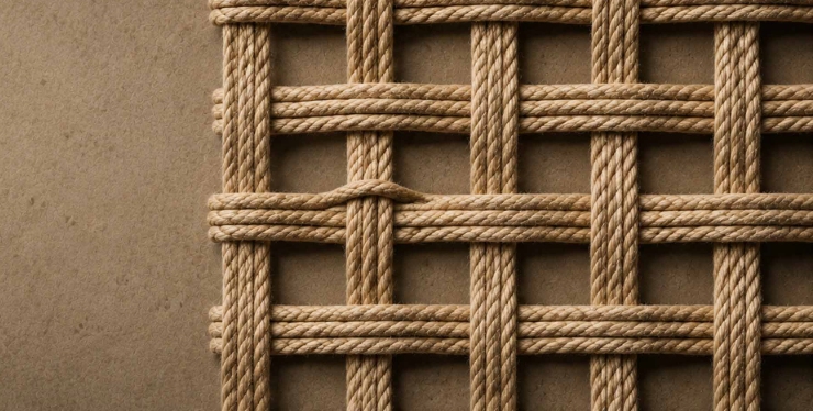 Close-up of a tan rope lattice pattern against a brown textured background on the left side of the image.