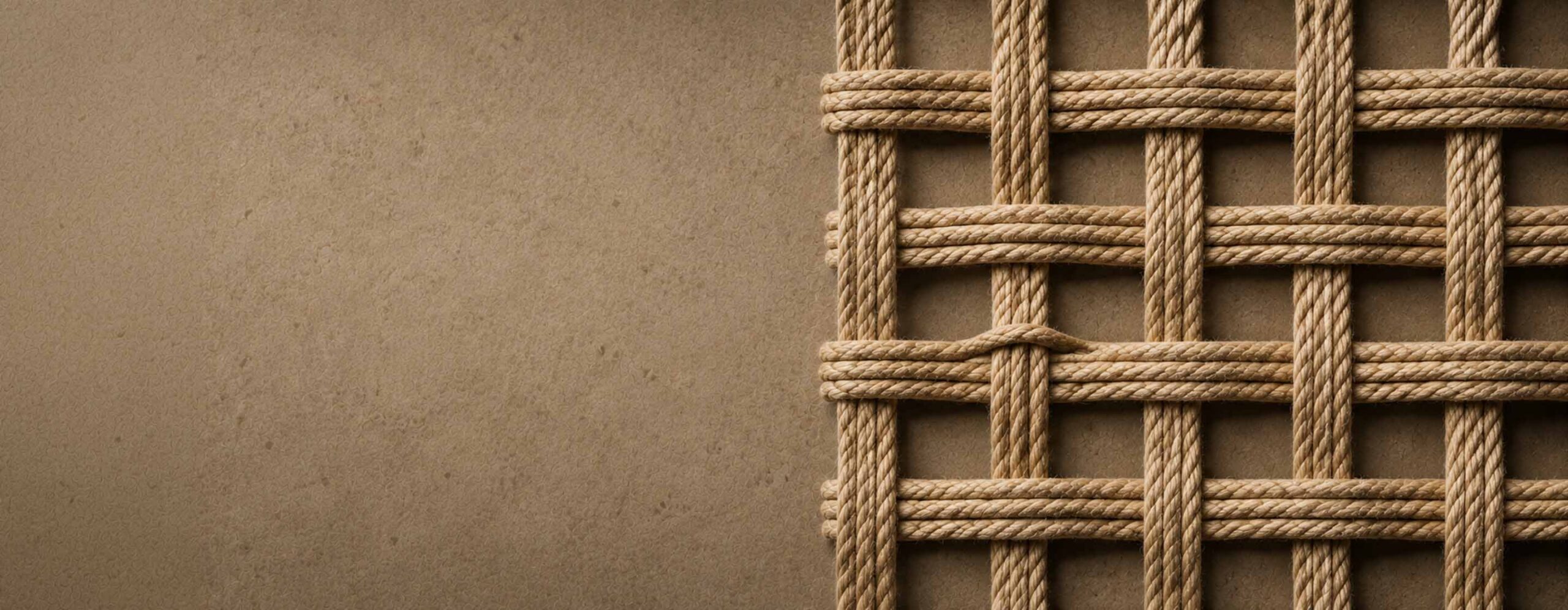 Close-up of a tan rope lattice pattern against a brown textured background on the left side of the image.