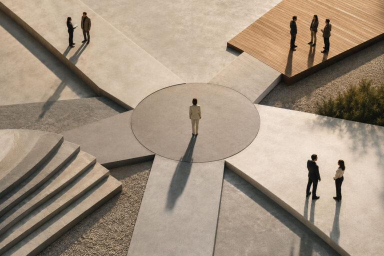 A person stands alone on a circular platform in a geometric courtyard with groups of people at the edges.
