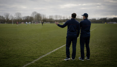 two soccer coaches standing on the side of the football field