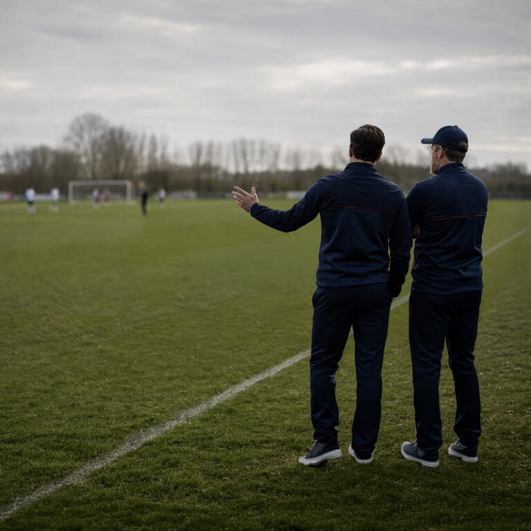 two soccer coaches standing on the side of the football field