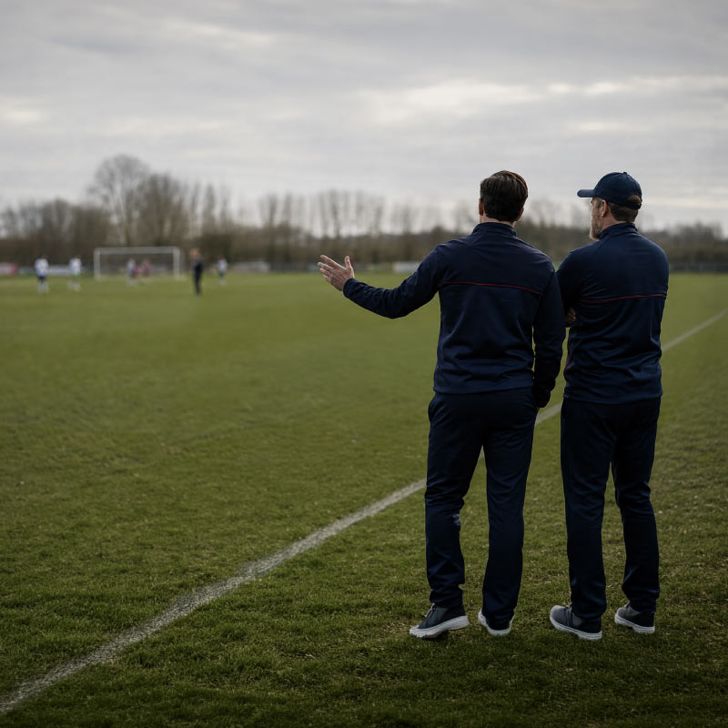 two soccer coaches standing on the side of the football field