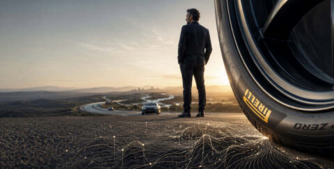 CFO looks toward a clear horizon beside a premium tyre, where subtle signals emerge from the road, representing the foresight, disciplined investment and strategic choices that build resilience for the future