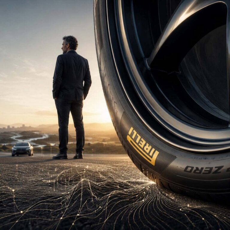 CFO looks toward a clear horizon beside a premium tyre, where subtle signals emerge from the road, representing the foresight, disciplined investment and strategic choices that build resilience for the future