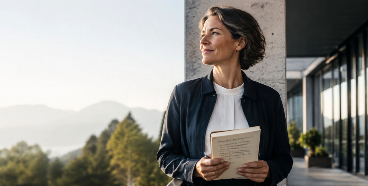 Professional woman in a blazer holding a notebook stands on a modern building terrace, looking into the distance with a sunset landscape in the background.