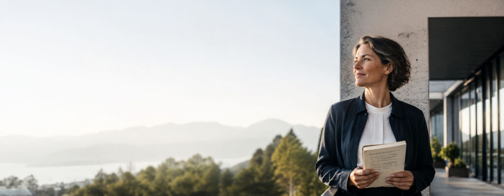 Professional woman in a blazer holding a notebook stands on a modern building terrace, looking into the distance with a sunset landscape in the background. - IMD Business School - IMD Business School