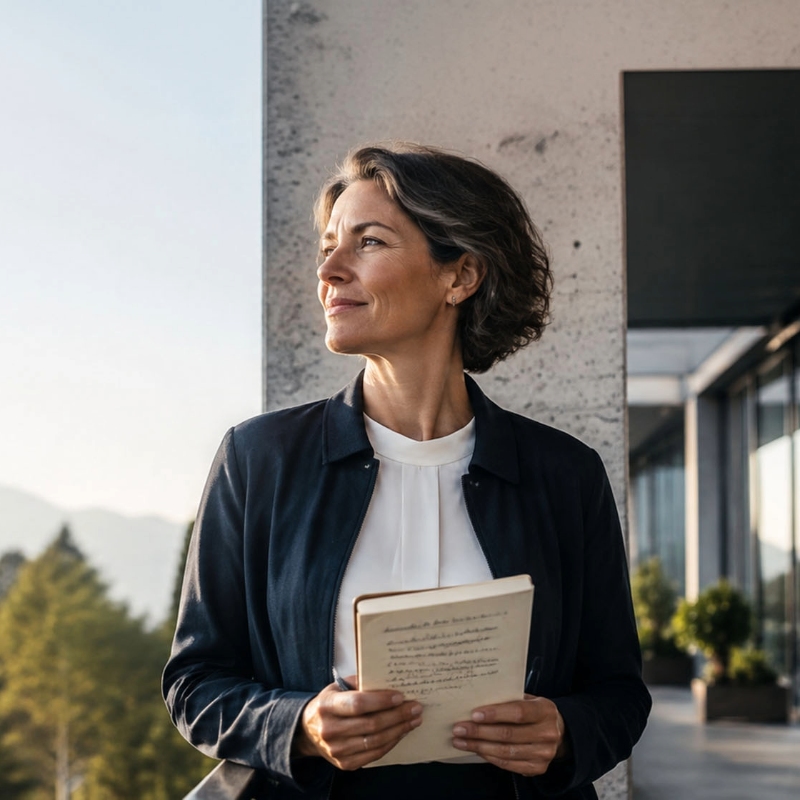 Professional woman in a dark blazer holding a notebook, standing beside a modern building with mountains in the background.