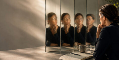 professional studies multiple reflections of herself in glass panels, symbolizing how AI can act as a communications sounding board to help leaders reflect on their tone, word choices, and how their messages may be interpreted across different cultural contexts