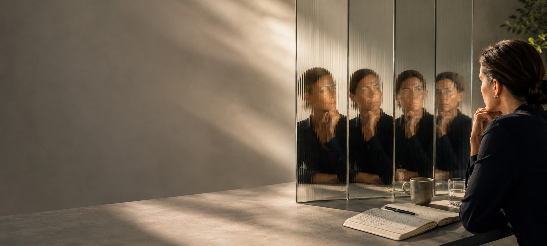 professional studies multiple reflections of herself in glass panels, symbolizing how AI can act as a communications sounding board to help leaders reflect on their tone, word choices, and how their messages may be interpreted across different cultural contexts