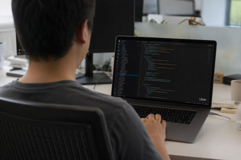 Person coding on a laptop at a desk in an office setting with multiple monitors in the background (Uber logo on screen).