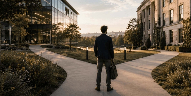 Man in a blazer walks along a curved campus path between a glass-fronted building and a stone neoclassical building at sunset.