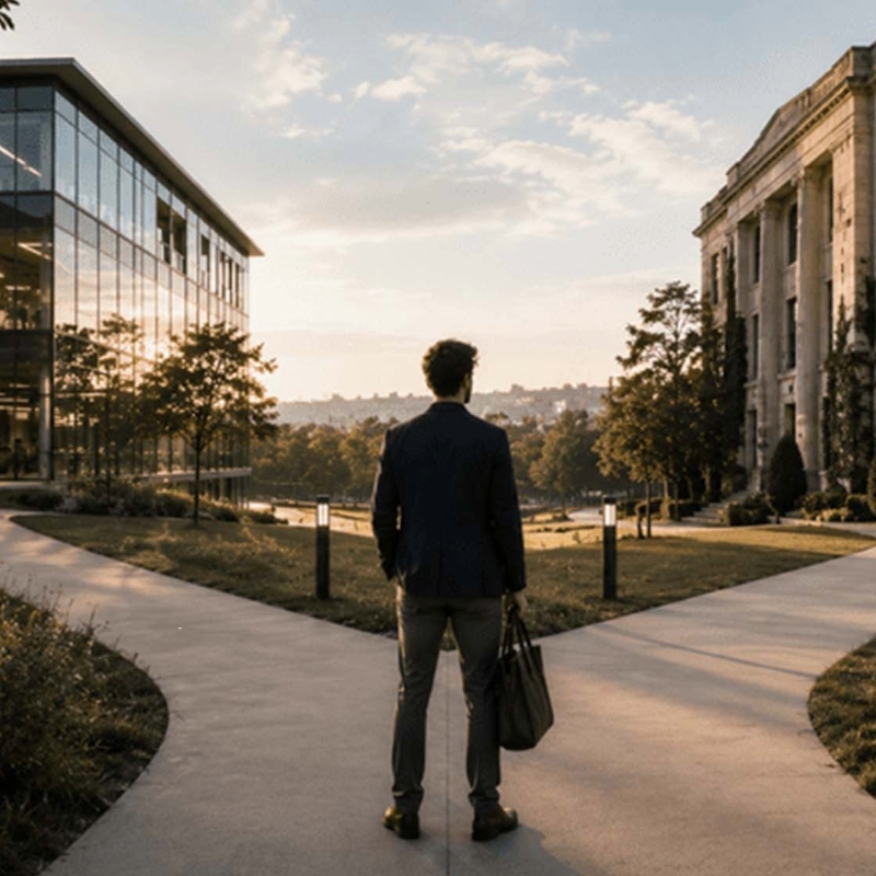 Man in blazer and gray pants stands with a briefcase on a curved campus path between a glass-walled building (left) and a stone neoclassical building (right) at sunset with trees in the background.