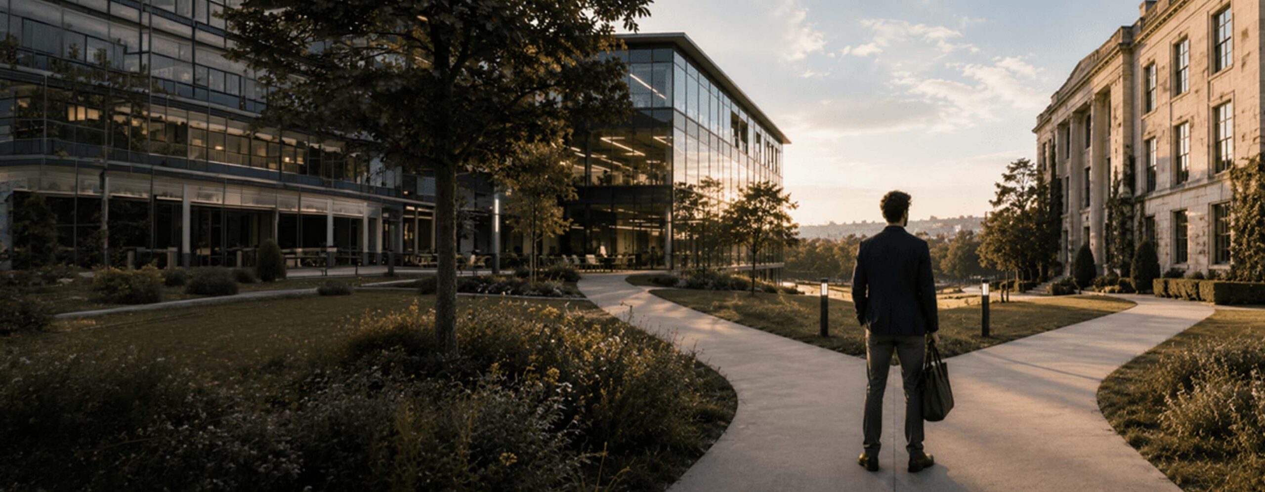 Man in a blazer walks along a curved campus path between a glass-fronted building and a stone neoclassical building at sunset.