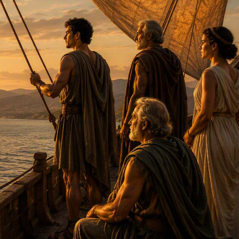 Group of four people in ancient robes on a wooden sailing ship at sunset, gazing toward the horizon.