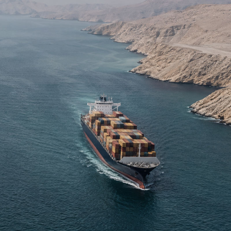 Container ship sailing through a narrow coastal passage lined with rugged beige cliffs, stacked colorful cargo containers on deck.