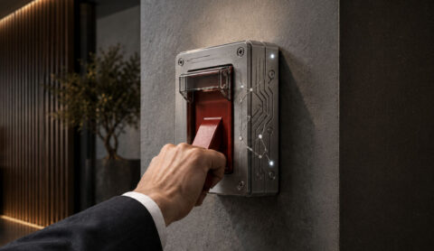 Business persons arm pulling an alarm in an office