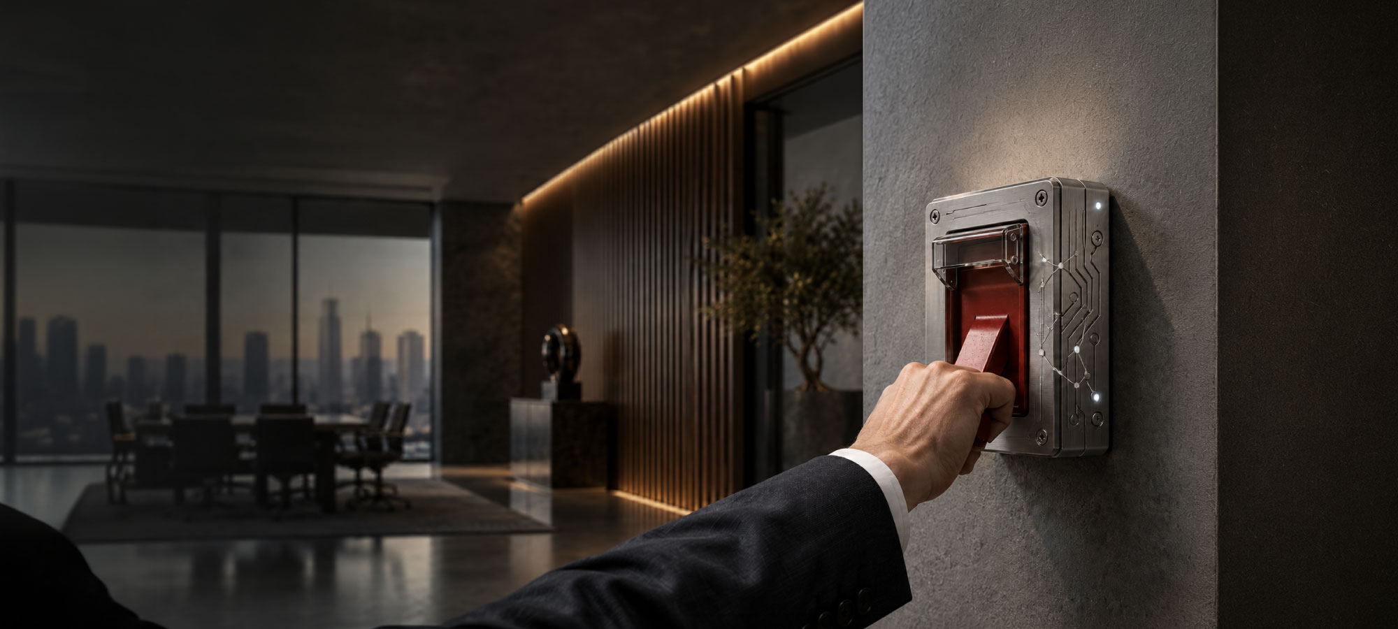 Business persons arm pulling an alarm in an office