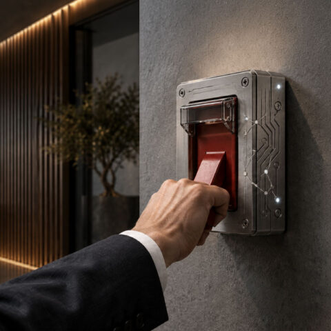 Business persons arm pulling an alarm in an office