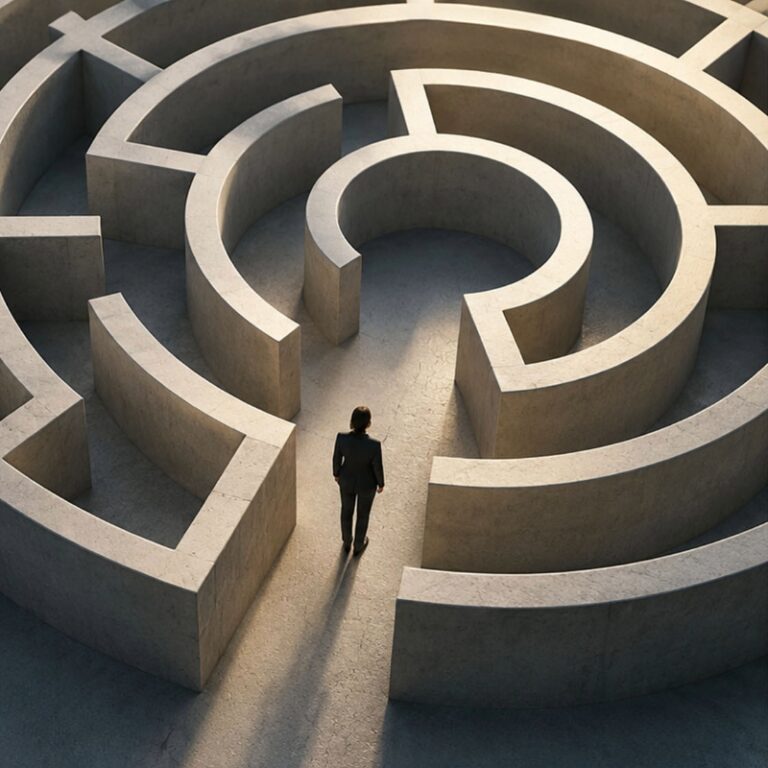 A leader navigates a maze, representing the decision traps that can prevent effective leadership decisions