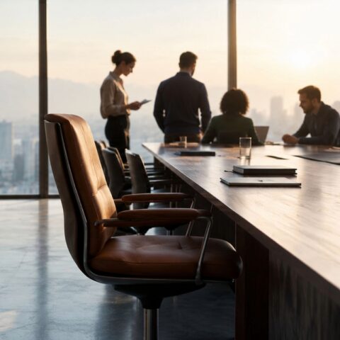 Empty founder’s chair beside a team continuing to work, symbolizing leadership succession and organizational continuity