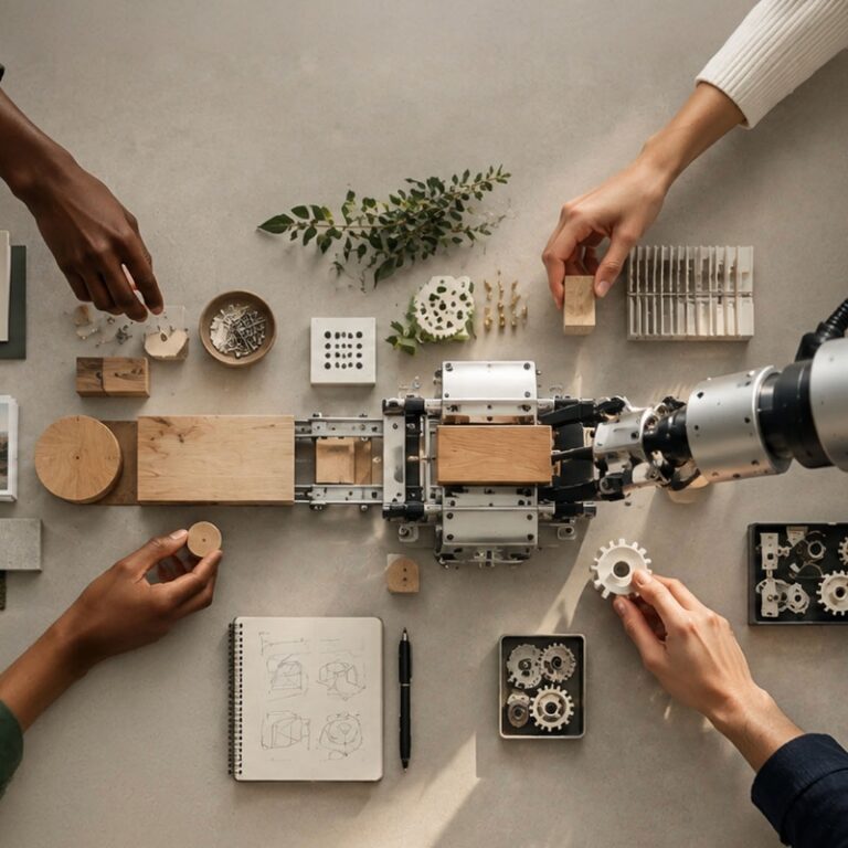 Humans and AI working together to coordinate different tasks and resources in the future of work