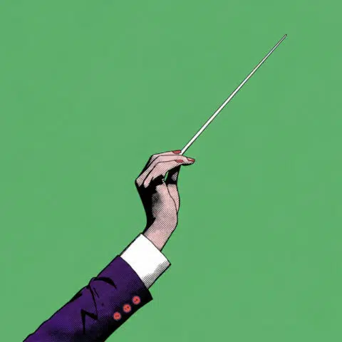 Hand holding a conductor’s baton against a green background, symbolizing the shift from individual expertise to leading and empowering a team