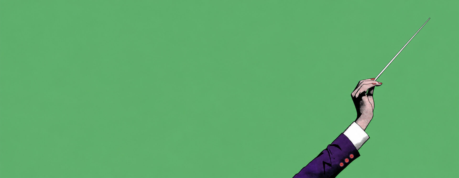 Hand holding a conductor’s baton against a green background, symbolizing the shift from individual expertise to leading and empowering a team